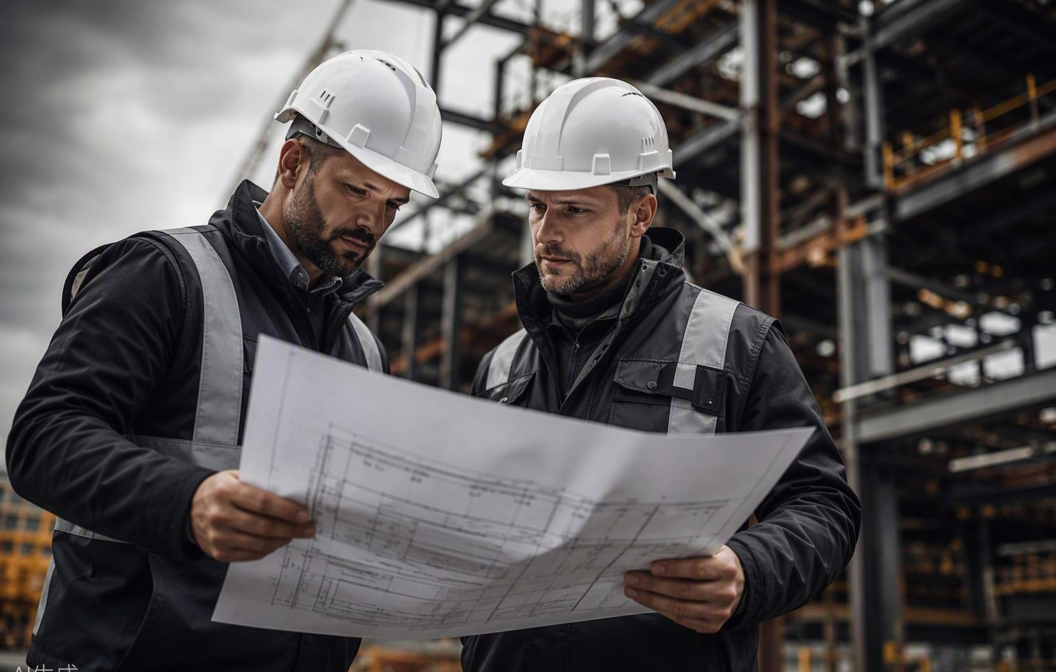 Equipo técnico de E&G supervisando planos en una obra industrial